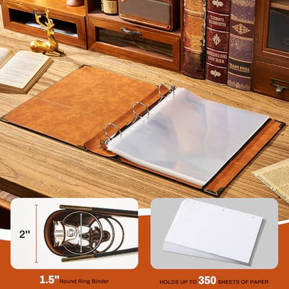 Ovesmusl PU Leather 3 Ring Binder 1.5 Inch Fits 8.5"x11" Letter Size Paper | 1.5 Inch Round Ring Binder Holds 350 Sheets, Notepad Paper Cover Loose Leaf Organizer, Green Sun - color: Green Sun, size: 1.5" Ring