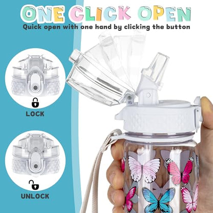 OLDLEY 17oz Kids Water Bottle, Tritan BPA-Free, Leakproof Flip Straw Lid, Motivational Time Marker, Carry Strap, Reusable Clear Water Bottle for Boys & Girls,Clear Butterflies - color: Clear Butterflies, style: 17 Ounces
