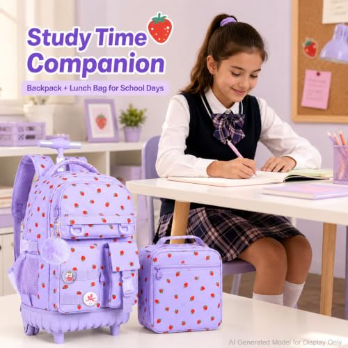 WZLVO 3PCS Roller Backpack, Water Resistance Girls Wheeled Bookbag, Women Aesthetic Rolling School Bag Set with Lunch Box & Pencil Bag for Teens & Kids - Purple Strawberry - color: 3pcs Girls Rolling Backpack - Purple Strawberry