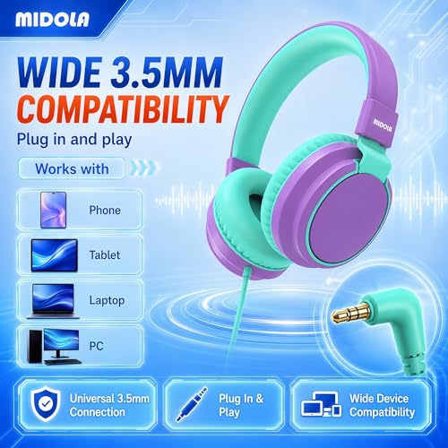 MIDOLA Kids Headphones for School Learning,Volume Limited 85/94dB, Foldable Lightweight Over-Ear Wired Headphones for Kids Toddler Girls Boys 3.5mm for Pad,Headsets with Built-in Mic Purple - color: Purple