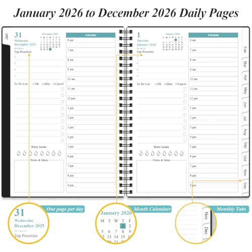 Daily Planner 2026 Full Page Per Day- 2026 Daily & Monthly Planner from January 2026 to December 2026, Day Planner 2026 with 12 Months Tabs, 6.4" x 8,5", Black - color: Black, size: 6.4" x 8.5"