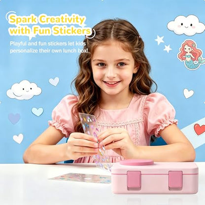 Bento Box for Kids, Leakproof Kids Bento Lunch Box Container with 8oz Insulated Thermo Food Jar, Sauce Jar, Utensil, DIY Stickers for School Boys Girls, 3-4 Compartments, BPA-Free - color: Pink