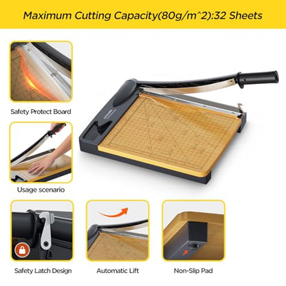 12'' Wood Guillotine Paper Cutter, Heavy Duty Wood Base Paper Trimmer with 16 Sheets Capacity Paper Cutting Board for Classroom, Crafting, Cardstock, Art Projects
