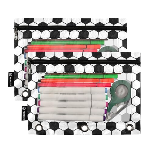 Soccer Pencil Pouches for 3 Ring Binder, Zipper Binder Pencil Case, 2 Pack Clear Window Case Bag for Office Organizers - color: Soccer