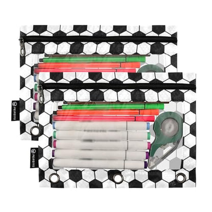Soccer Pencil Pouches for 3 Ring Binder, Zipper Binder Pencil Case, 2 Pack Clear Window Case Bag for Office Organizers - color: Soccer