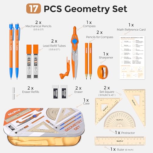 Nicpro 17 PCS Compass Geometry Set for Students, Drafting Tools Math Protractor Compass with Rulers, Mechanical Pencil, Square Set, Box of Protractors Kit for Class Supplies, Back to School Supplies