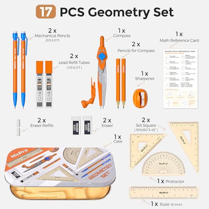 Nicpro 17 PCS Compass Geometry Set for Students, Drafting Tools Math Protractor Compass with Rulers, Mechanical Pencil, Square Set, Box of Protractors Kit for Class Supplies, Back to School Supplies