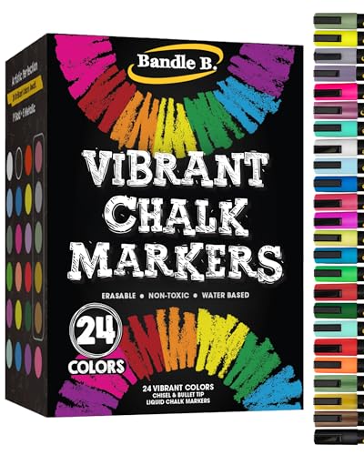 Bandle B. Chalk Markers - 24 Vibrant, Erasable, Non-Toxic, Water-Based, Reversible Tips. For Glass or Chalkboard Markers for Businesses, Restaurants, Liquid Drawing Chalk (Vibrant 6mm) - color: 24 Pack Vibrant 6mm