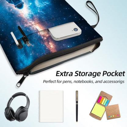Padded Book Sleeve with Zipper & Front Pocket, Fabric Book Cover | Cosmic Astronaut In Galaxy11.4"x8.7" Washable Canvas Pouch for Hardcovers, Tablets & Reading Accessories - color: Cosmic Astronaut in Galaxy