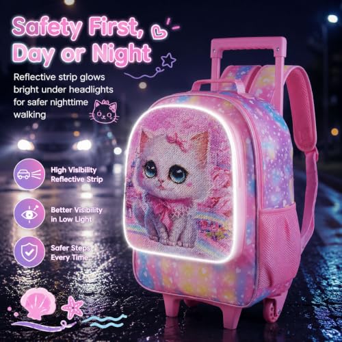 CCJPX 3PCS Rolling Backpack for Girls, Kids Cat Roller Wheels School Bookbag with Lunch Bag, Wheeled School Bag for Toddler Elementary Children - color: Pink Cat