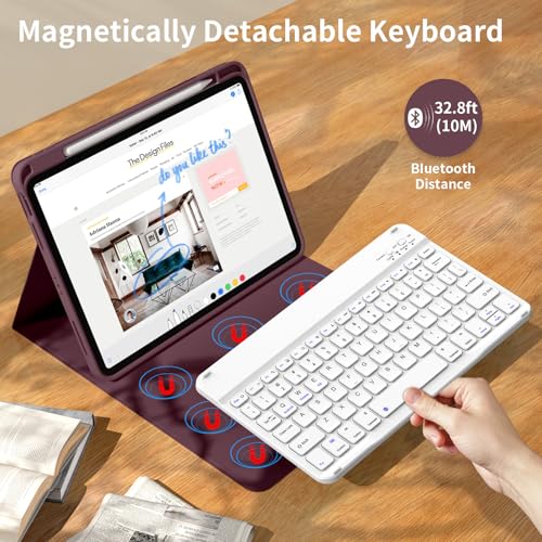 kenke for iPad 11/10th Gen Case with Keyboard 11/10.9 inch 2025 A16/2022, Detachable Wireless Bluetooth Keyboard Case with Built-in Bulit-in Pencil Holder, White Square Keycaps (Dark Cherry) - color: Cherry
