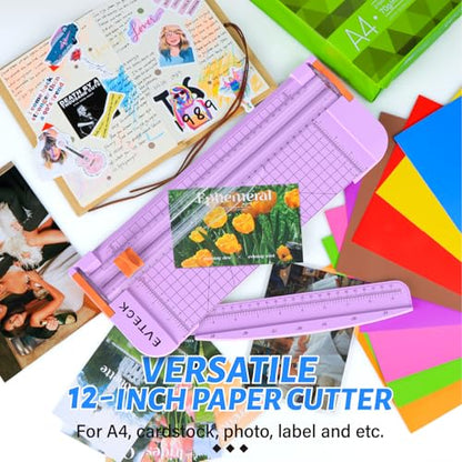 Evteck A4 Paper Cutter Slider Trimmer for Cardstock Photo Vinyl | 12 Inch, with Security Blade and Foldable Ruler, for Crafting Scrapbooking - color: Purple