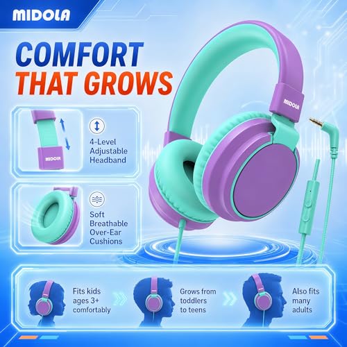 MIDOLA Kids Headphones for School Learning,Volume Limited 85/94dB, Foldable Lightweight Over-Ear Wired Headphones for Kids Toddler Girls Boys 3.5mm for Pad,Headsets with Built-in Mic Purple - color: Purple