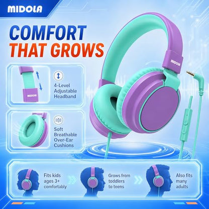 MIDOLA Kids Headphones for School Learning,Volume Limited 85/94dB, Foldable Lightweight Over-Ear Wired Headphones for Kids Toddler Girls Boys 3.5mm for Pad,Headsets with Built-in Mic Purple - color: Purple