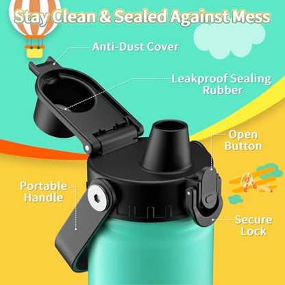 baab 18oz Kids Water Bottle, Insulated Kids Water Bottle with Lockable Spout Lid & Stickers, 18/8 Stainless Steel Vacuum Leakproof Kid Water Cup with Boy Girl & School (Mint Green, 1 Pack) - color: Mint Green, size: 18 Ounces