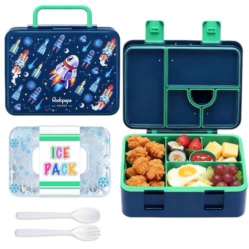 rockpapa Chill Bento Box for Kids- Large 5.5 Cups Lunch Box with Ice Pack - 5 Compartments, BPA-Free, Leak Proof, with Utensils & Portable Handle, Microwave/Dishwasher Safe (Blue Rocket) - color: Blue Rocket