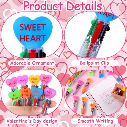 Vellibring 24pcs Valentine's Day Hearts Pens Cute Cartoon Multicolor Pen Fun 4-in-1 Pens Bulk Be Mine Love XOXO Valentines Stationery Party Favors School Supplies Students Rewards - style: Valentines Hearts-24pcs