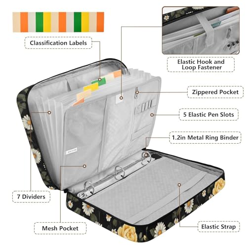 ALAZA Daisies Floral Yellow Roses Zipper Binder with Handle, 7-Pocket Expanding File Folder, Detachable 3-Ring Binder, File Organizer for Home Office Work A4 Letter Size Paper Document