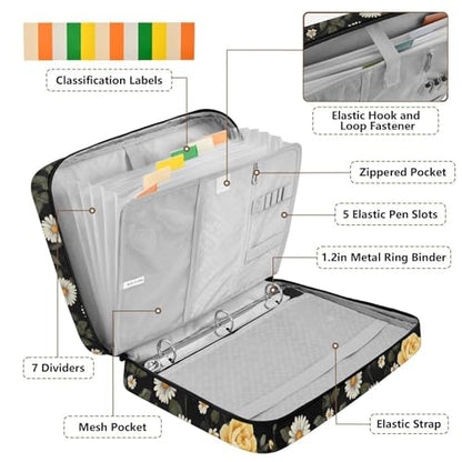 ALAZA Daisies Floral Yellow Roses Zipper Binder with Handle, 7-Pocket Expanding File Folder, Detachable 3-Ring Binder, File Organizer for Home Office Work A4 Letter Size Paper Document