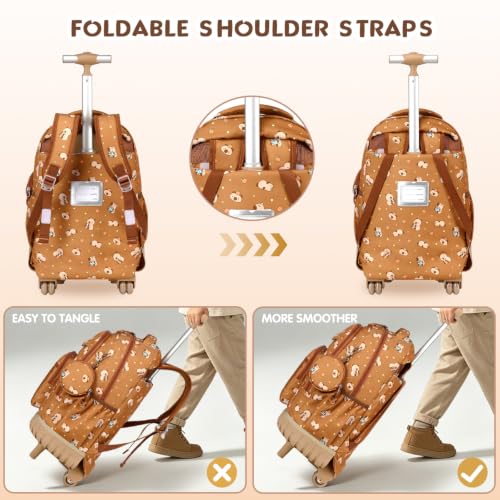 Rolling Backpack for Girls Boys, 3PCS Roller School Backpacks for Girls with Lunch Bag and Pencil Pouch, Kids Bookbag School Bag with Wheels for Kindergarten Elementary Middle School Travel - color: Brown