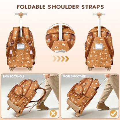 Rolling Backpack for Girls Boys, 3PCS Roller School Backpacks for Girls with Lunch Bag and Pencil Pouch, Kids Bookbag School Bag with Wheels for Kindergarten Elementary Middle School Travel - color: Brown