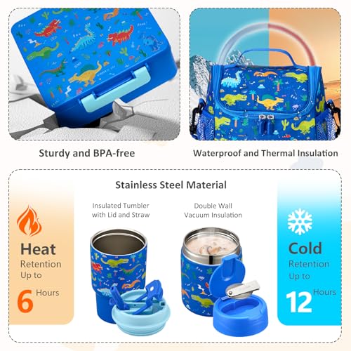 Pawtong Lunch Box Set with Bento Box Container, 17OZ Stainless Steel Food Soup Thermo, Kids Water Bottle & Portable Insulated Lunch Bag, Leakproof, Hot/Cold Retention for School, Travel (Dinasour) - color: Blue-Dinasour