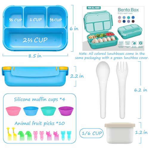 QQKO Bento Lunch Box for Kids Girls Boys, Toddler Kids Lunch Boxes for School, Lunch Containers for Adults with 4 Compartments, Sauce Container, Utensils, Food Picks and Muffin Cups, Blue - color: Blue