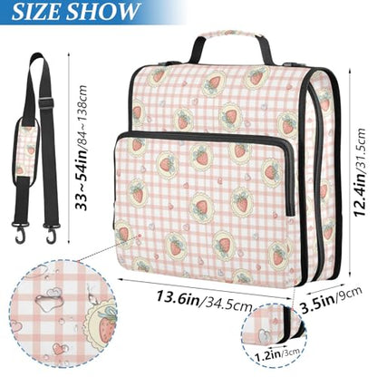 Zipper Binder Bag 3 Ring File Folder Portfolio Organizer Zippered Binder Bags with Strap Fits Laptop Women Men - color: 14strawberry Heart Gingham