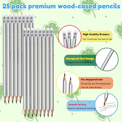 Adhere 25pcs Woodcase Pencils with Eraser Premium Pre-Sharpened Hexagon Graphite 2B pencils ideal for home, office writing including a Free Sharpener (Silver・25pcs) - color: Silver・25pcs