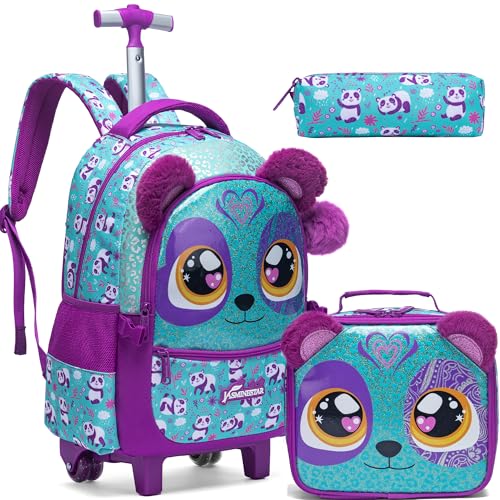 Cute Rolling Backpack for Girls Backpacks with Wheels for Elementary Students Kids 3 in 1 Travel Luggage Carry on Suitcase with Lunch Box for Girls Age 8-10 - color: Blue Purple
