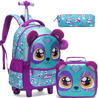 Cute Rolling Backpack for Girls Backpacks with Wheels for Elementary Students Kids 3 in 1 Travel Luggage Carry on Suitcase with Lunch Box for Girls Age 8-10 - color: Blue Purple