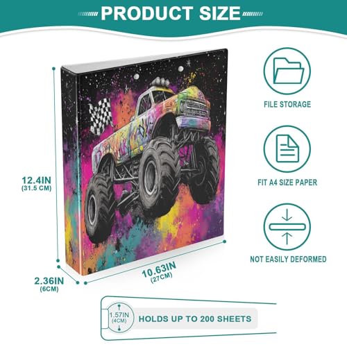 Monster Truck Moon Round Ring Binders 1.5 Inch 3 Ring Binder with Clipboard Holds 200 Sheets Office Home School - color: Multicolored 1
