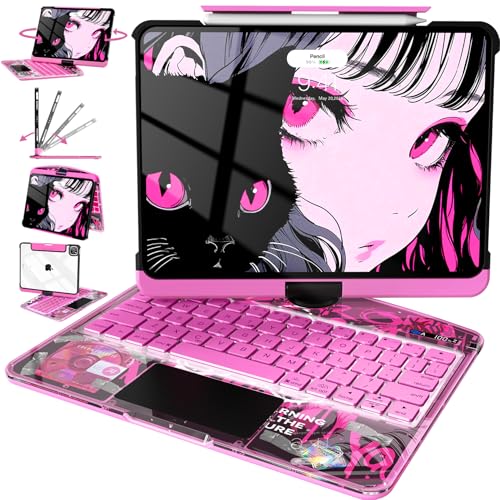 Intermerge Clear iPad A16 11th (2025) & 10th Generation 10.9" Case with Keyboard, 360° Transparent Multi-Touch Trackpad, 7-Color RGB Keyboard, Pencil Holder, Type-C, Power Indicator, Blush Pulse - color: Blush Pulse, size: A16 11th(2025)/ 10th 10.9" 2022