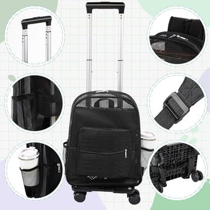 Amylove 17'' Rolling Clear Backpack Set Heavy Duty Bags with Pockets Wheeled See Through Backpack(Black,Novelty,Mesh) - color: Black, style: Novelty