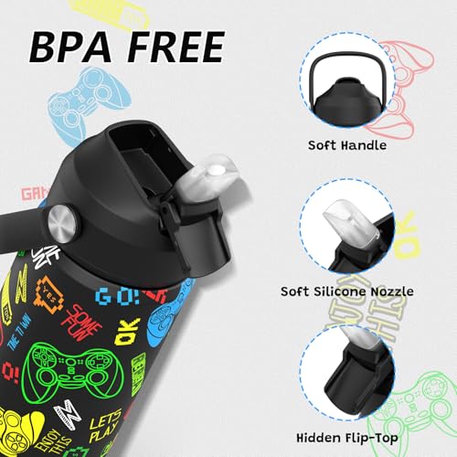 Boys Game Water Bottle for School，Kids 18 oz Insulated Stainless Steel Cup with Straw, Double-Wall Vacuum Leakproof - color: C8.Game