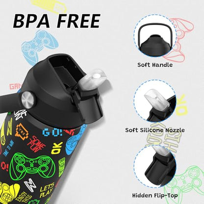 Boys Game Water Bottle for School，Kids 18 oz Insulated Stainless Steel Cup with Straw, Double-Wall Vacuum Leakproof - color: C8.Game