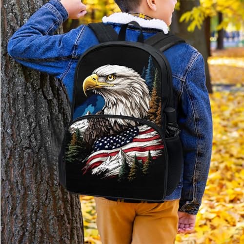 Horeset School Backpack Set for Boys 17inch Eagle American Flag Mountain Bookbags with Picnic Insulated Lunch Box Water Bottle Bag Large Capacity Middle School Bags Rucksack Kids 5-8 8-10 Years - color: Eagle American Flag Mountain