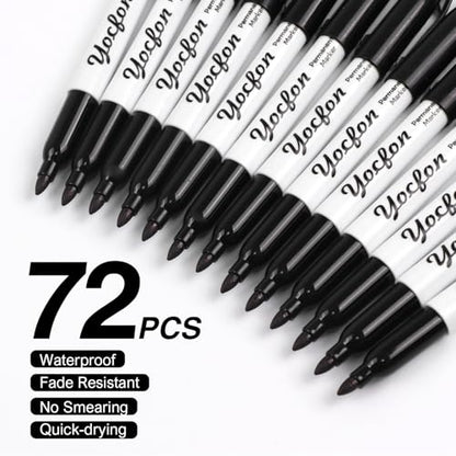 Permanent Markers, 72 Count Black Permanent Markers Set, Fine Tip, Waterproof Markers, Works On Plastic, Wood, Stone And Metal For Doodling, Marking