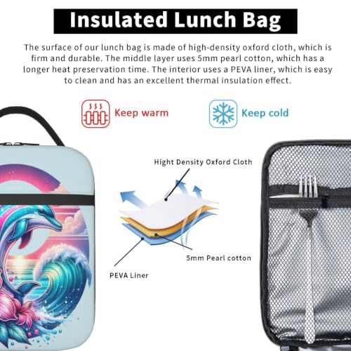 Dolphin Flowers Sunset Wave Ocean Lunch Bag 10In | Insulated Lunch Box Reusable Tote Bag For Picnic Office For Women Men - color: Style 10