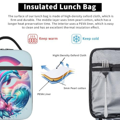 Dolphin Flowers Sunset Wave Ocean Lunch Bag 10In | Insulated Lunch Box Reusable Tote Bag For Picnic Office For Women Men - color: Style 10