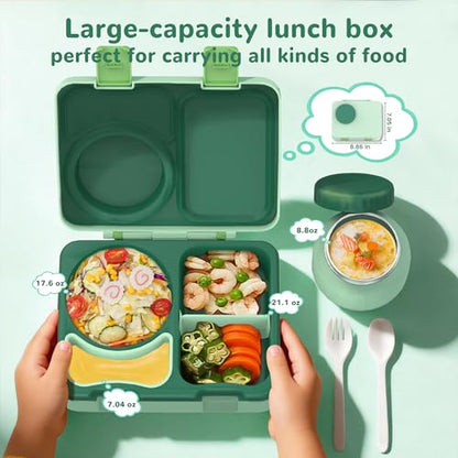 Bento Box for Kids, Leakproof Kids Bento Lunch Box Container with 8oz Insulated Thermo Food Jar, Sauce Jar, Utensil, DIY Stickers for School Boys Girls, 3-4 Compartments, BPA-Free - color: Light Green