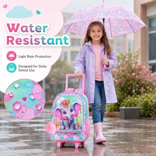 3Pcs Rolling Backpack for Girls, Elephant Roller Bookbag with Lunch Box, Kids School Backpacks with Wheels for Elementary Preschool(Pink) - color: Elephant Pink