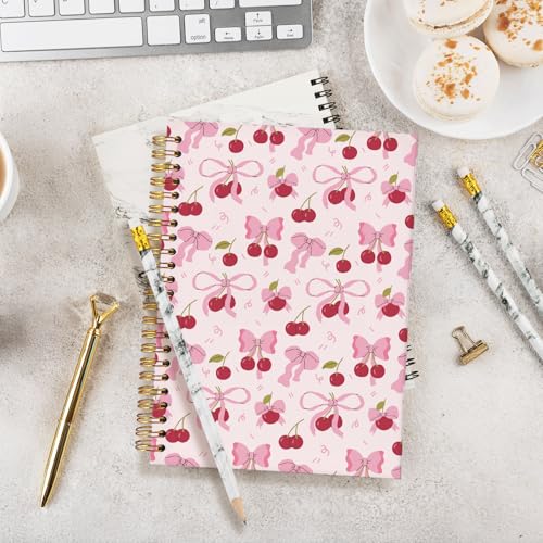 Coquette Cherry Spiral Notebook for Women,Pink Bow School Journal | Pink Office Supplies,Coquette Trendy Gifts for Girls Teens, Aesthetic Stationery Supplies 5.5x8.3 - color: Cherry - Pink bow 1