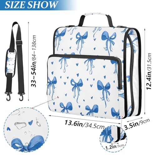 3 Ring Zipper Binder with Shoulder Strap Blue Bows Ribbons Polka Dots 2 Inch Zippered Binder Bag 500 Sheet Capacity Multi Pockets for School Supplies - color: Multi12