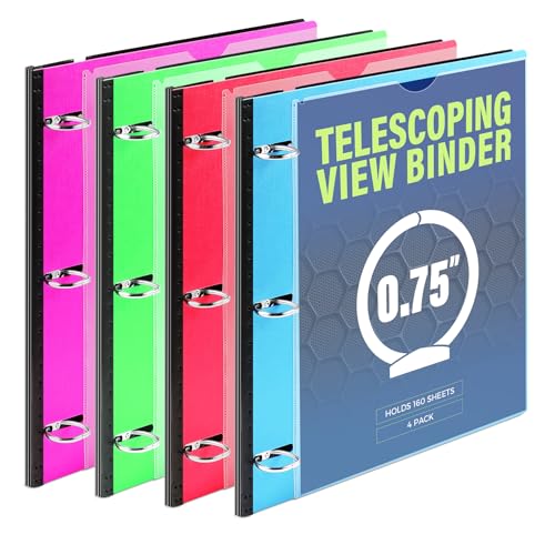 WOT I 4-Pack Telescoping 3 Ring Binder(0.75"), Expandable Flexible Binder - Patented Design for Easy Portability, Holds 8.5"x11" Paper, 4 Bright Colors, Perfect for School, Office&Home Organization - color: Vibrant Assortment -With Front Cover, size: 0.75