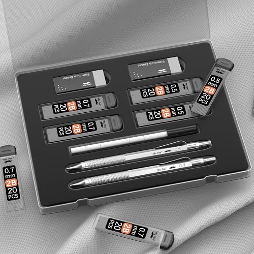 Mr. Pen- Metal Mechanical Pencil Set with Lead Refills & Erasers, 2 Pack | 2 Sizes, 0.5 & 0.7mm, 4x Tubes 2B Lead Refill, 2x Erasers for School Supplies, Note Taking, Drawing, Sketching, Office