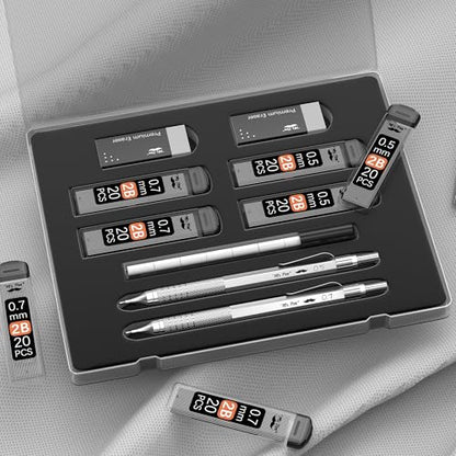 Mr. Pen- Metal Mechanical Pencil Set with Lead Refills & Erasers, 2 Pack | 2 Sizes, 0.5 & 0.7mm, 4x Tubes 2B Lead Refill, 2x Erasers for School Supplies, Note Taking, Drawing, Sketching, Office