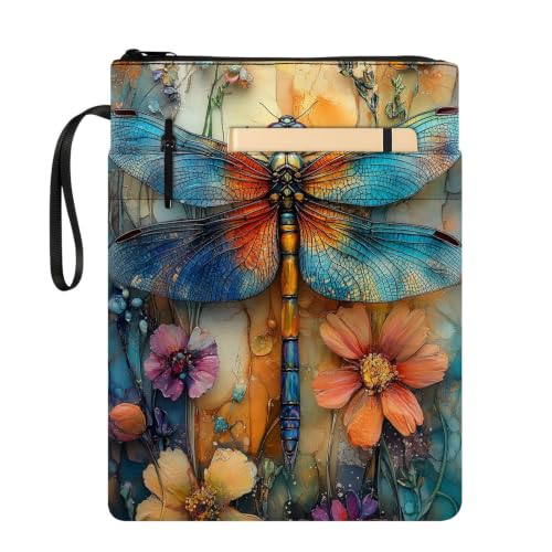 Padded Book Sleeve with Zipper & Front Pocket, Fabric Book Cover | Vintage Turquoise Dragonfly11.4"x8.7" Washable Canvas Pouch for Hardcovers, Tablets & Reading Accessories - color: Vintage Turquoise Dragonfly