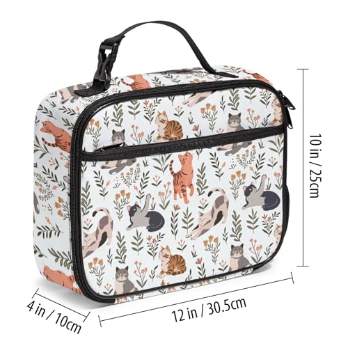 WOBAGMEN Large Lunch Box, Insulated Reusable Lunch Bag with Water Bottle Holder Portable Waterproof Leakproof Lunch Tote Bag Cute Lunch Box(Cream Cat Floral) - color: Cream Cat Floral