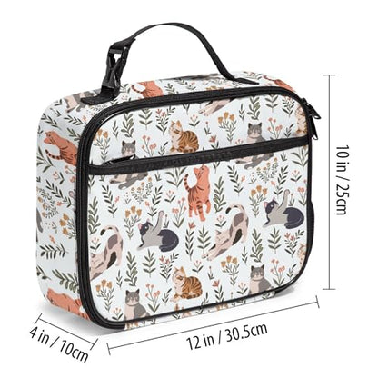 WOBAGMEN Large Lunch Box, Insulated Reusable Lunch Bag with Water Bottle Holder Portable Waterproof Leakproof Lunch Tote Bag Cute Lunch Box(Cream Cat Floral) - color: Cream Cat Floral
